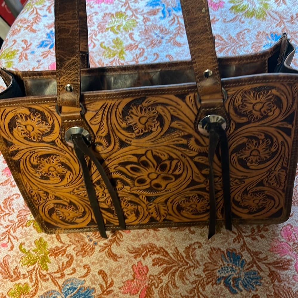 Embossed Floral Leather Tote Bag in Brown